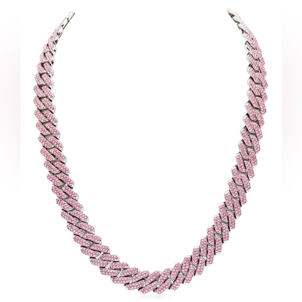 20” Pink Rhinestone Cuban Chain Statement Necklace